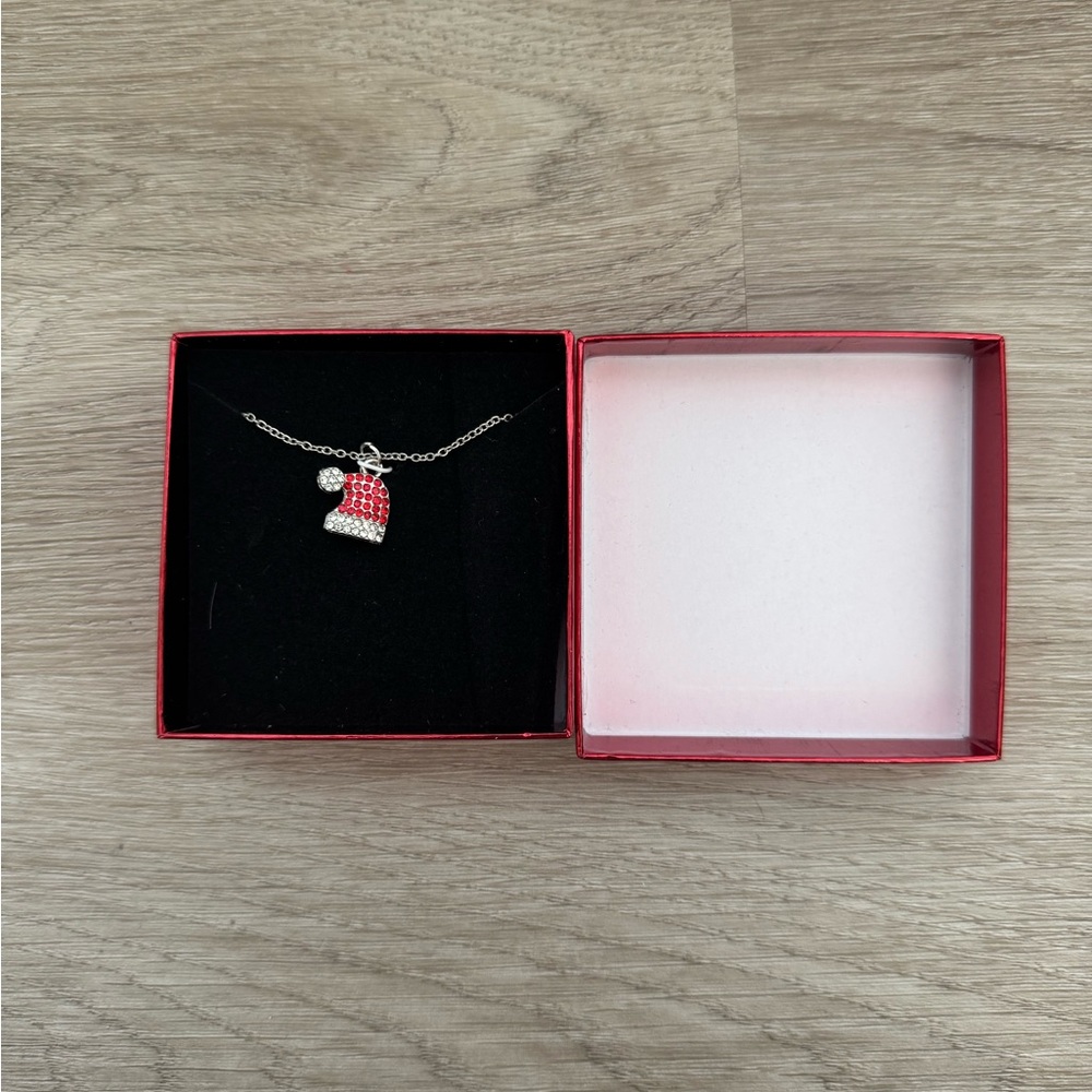 Christmas Santa Hat Pendant Necklace Red Silver Rhinestone Holiday Gift Box